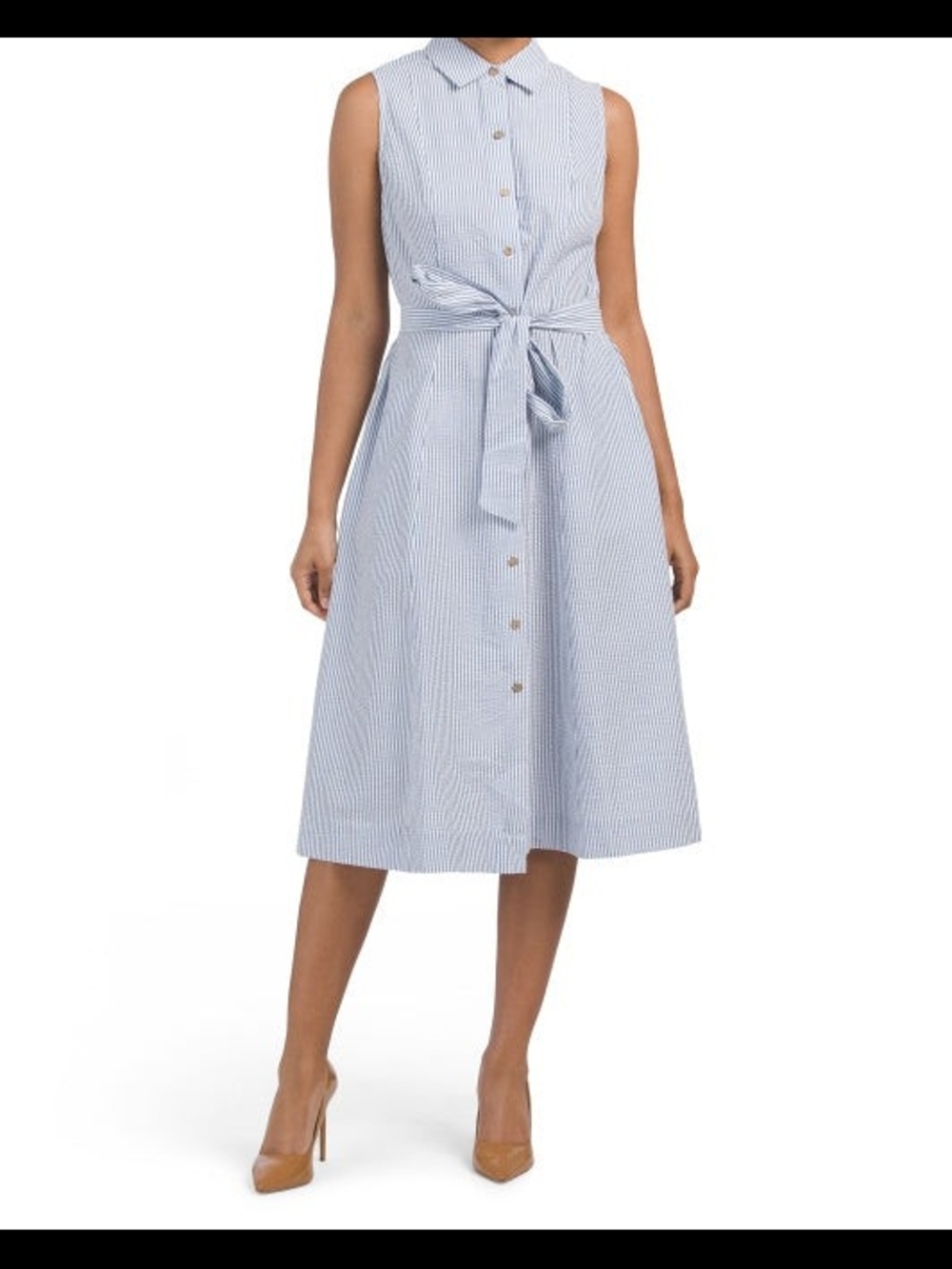 Anne Klein Seersucker Shirt Dress | Size 10 | Blue & White Striped | Pockets
